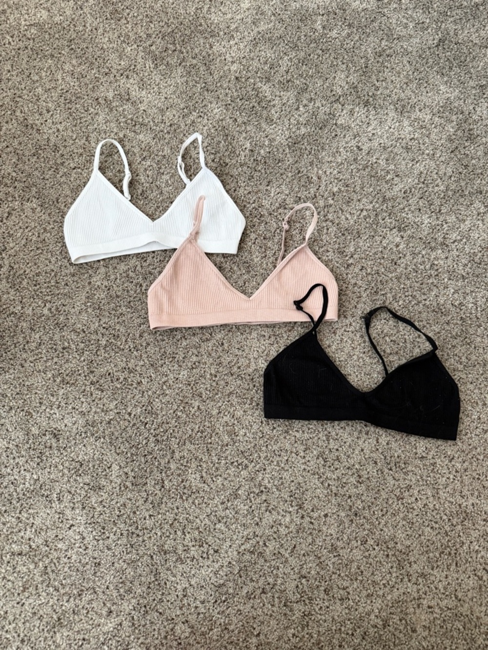 Set of 3 Ribbed Triangle Bralettes Set White, Nude, Black